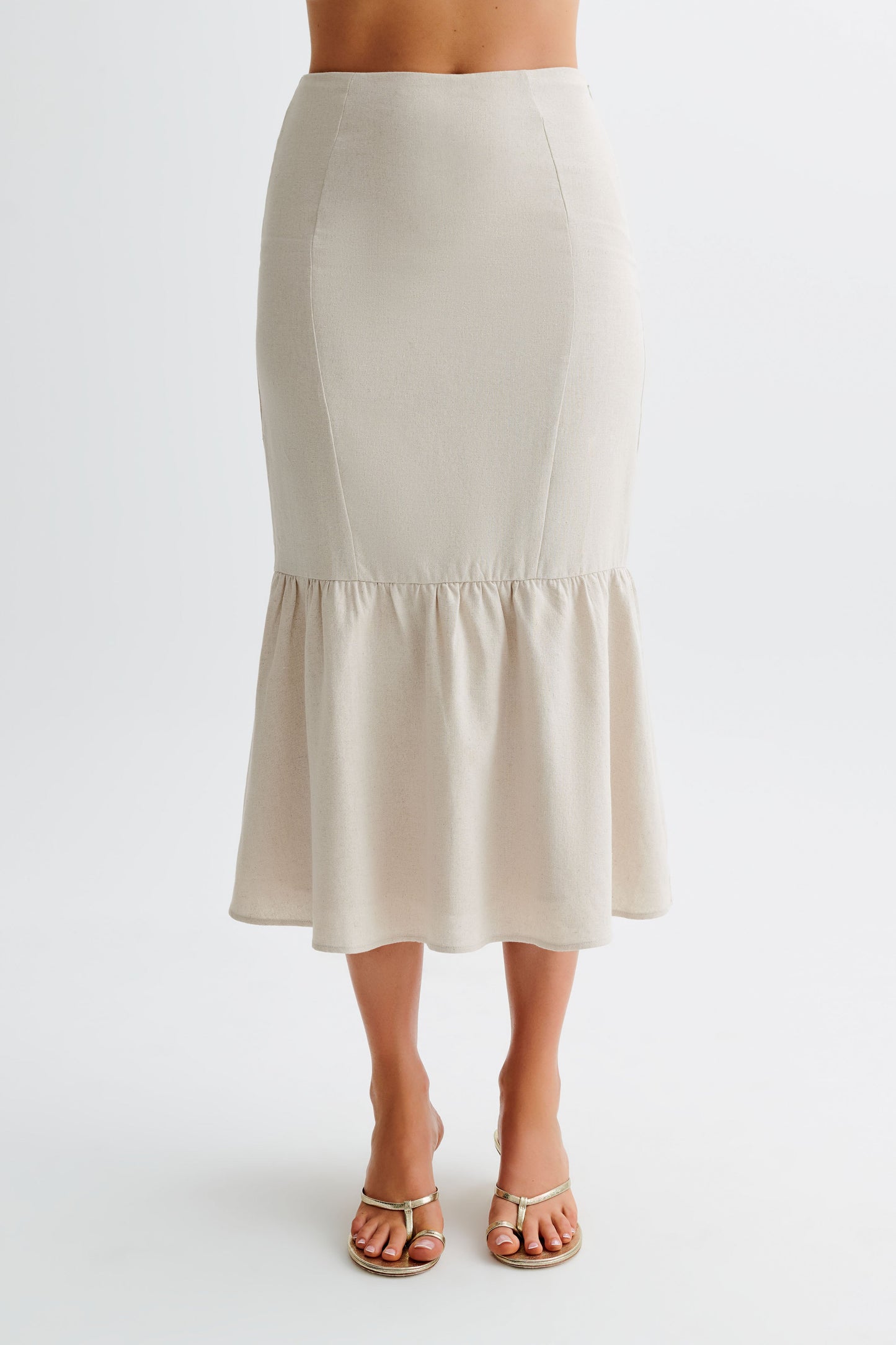 Venezia Linen Midi Skirt With Ruffle - Natural