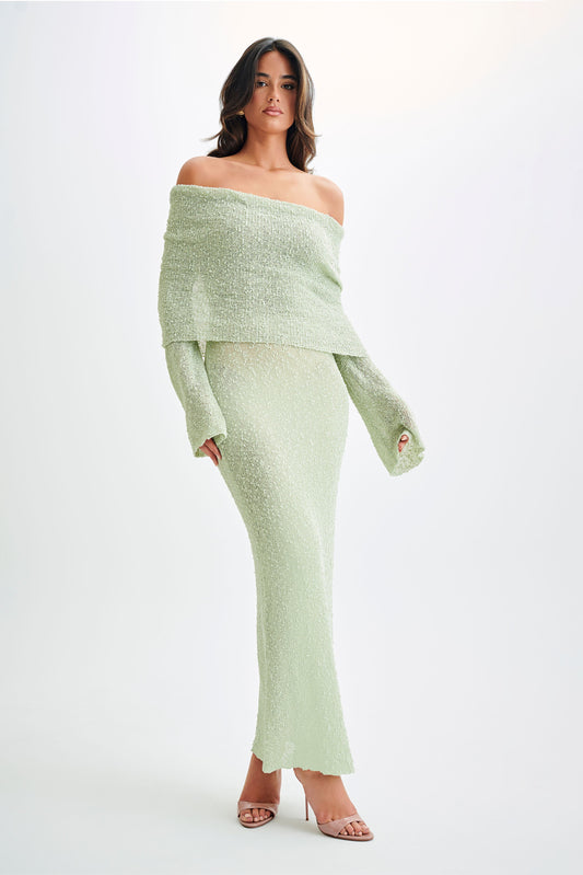 Marisol Off Shoulder Boucle Maxi Dress - Pastel Green