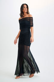 Caspian Slinky And Mesh Off Shoulder Maxi Dress - Black