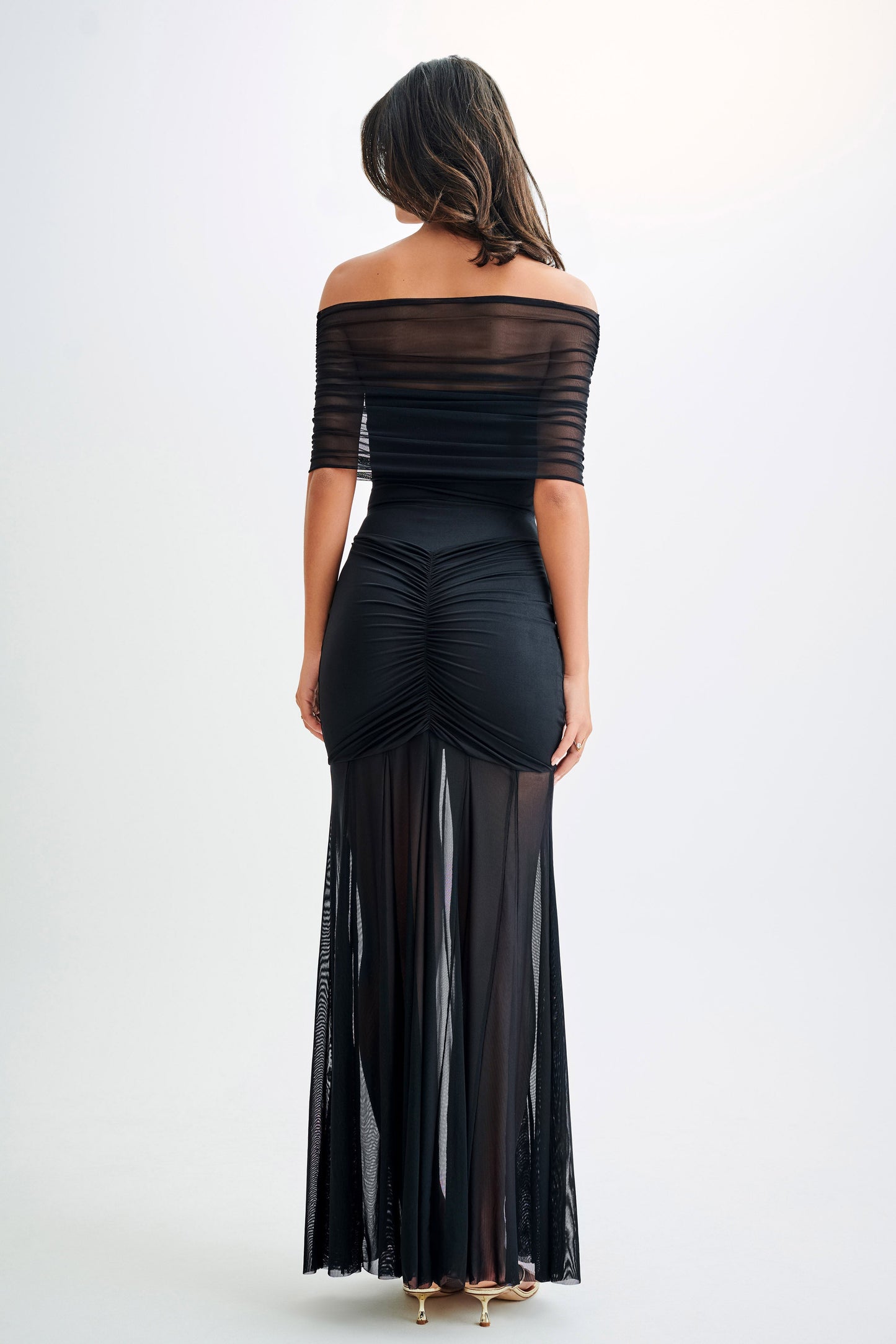 Caspian Slinky And Mesh Off Shoulder Maxi Dress - Black