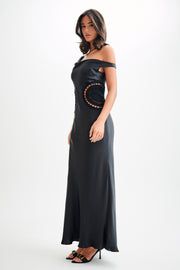 Kristina Satin Maxi Dress With Crochet - Black