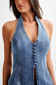 India Button Front Halter Denim Longline Top - Washed Mid Blue