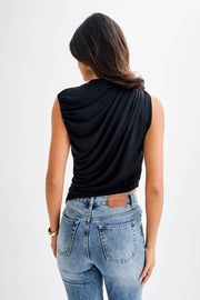 Griselda Draped Slinky Sleeveless Top - Black