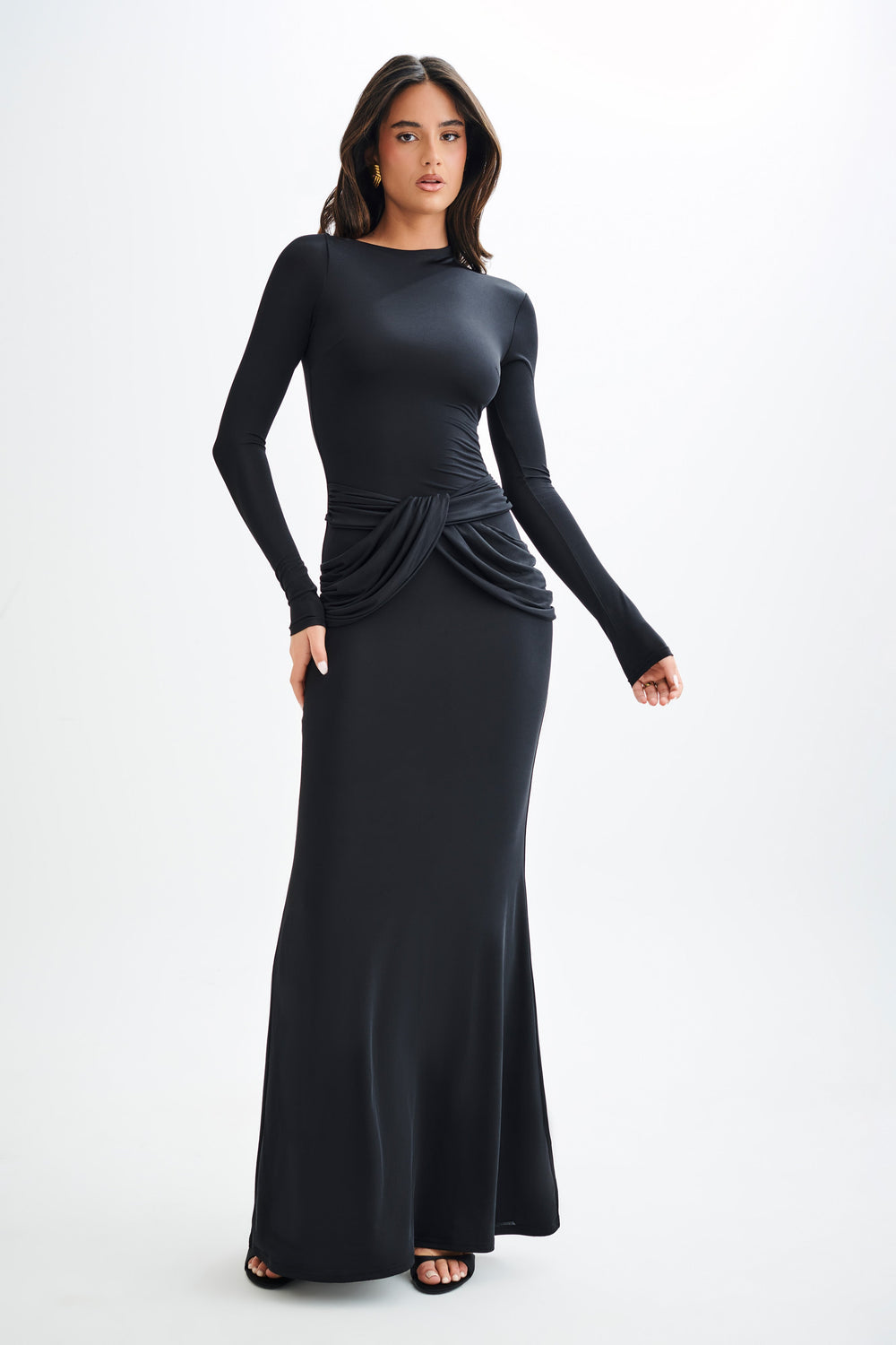 Halcyon Long Sleeve Slinky Maxi Dress - Black