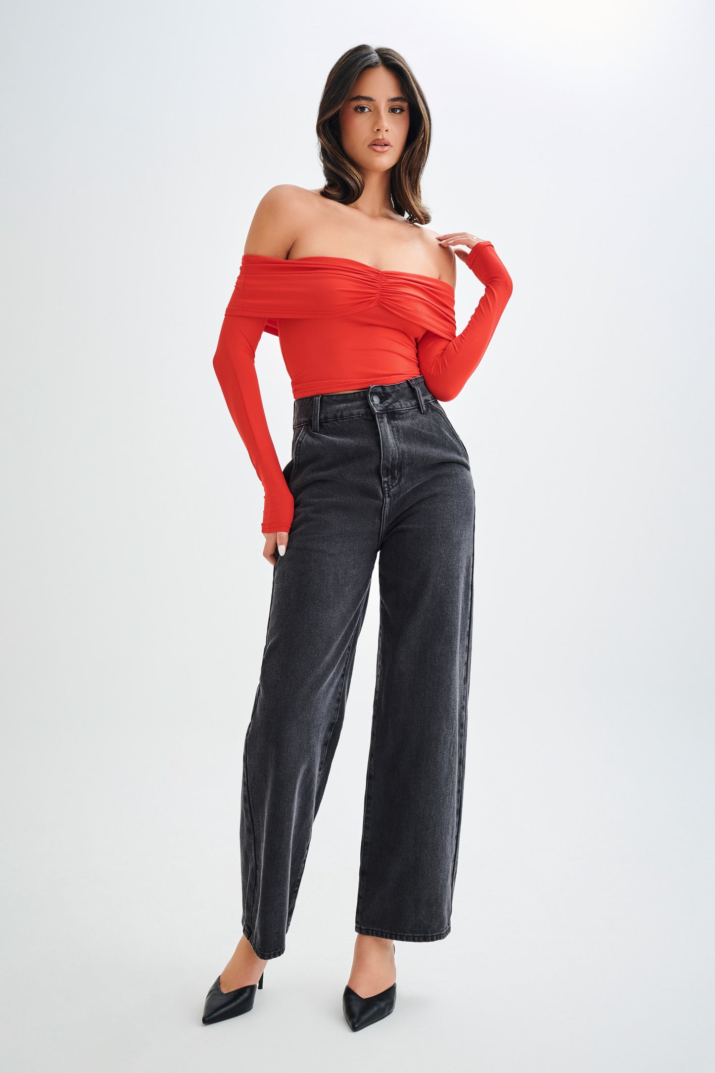 Prue Ruched Off Shoulder Long Sleeve Top - Pomegranate