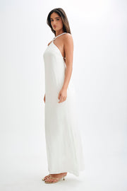 Blanche Satin Pearl Halter Maxi Dress - White