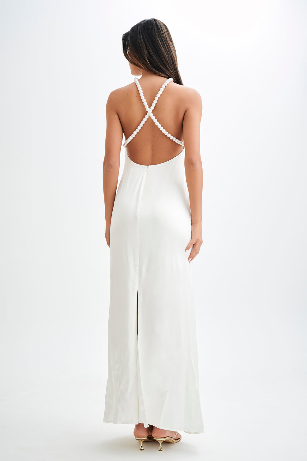 Blanche Satin Pearl Halter Maxi Dress - White