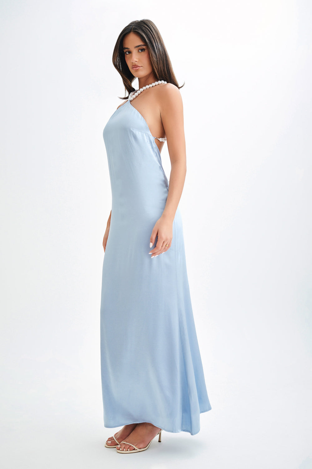 Blanche Satin Pearl Halter Maxi Dress - Cornflower Blue