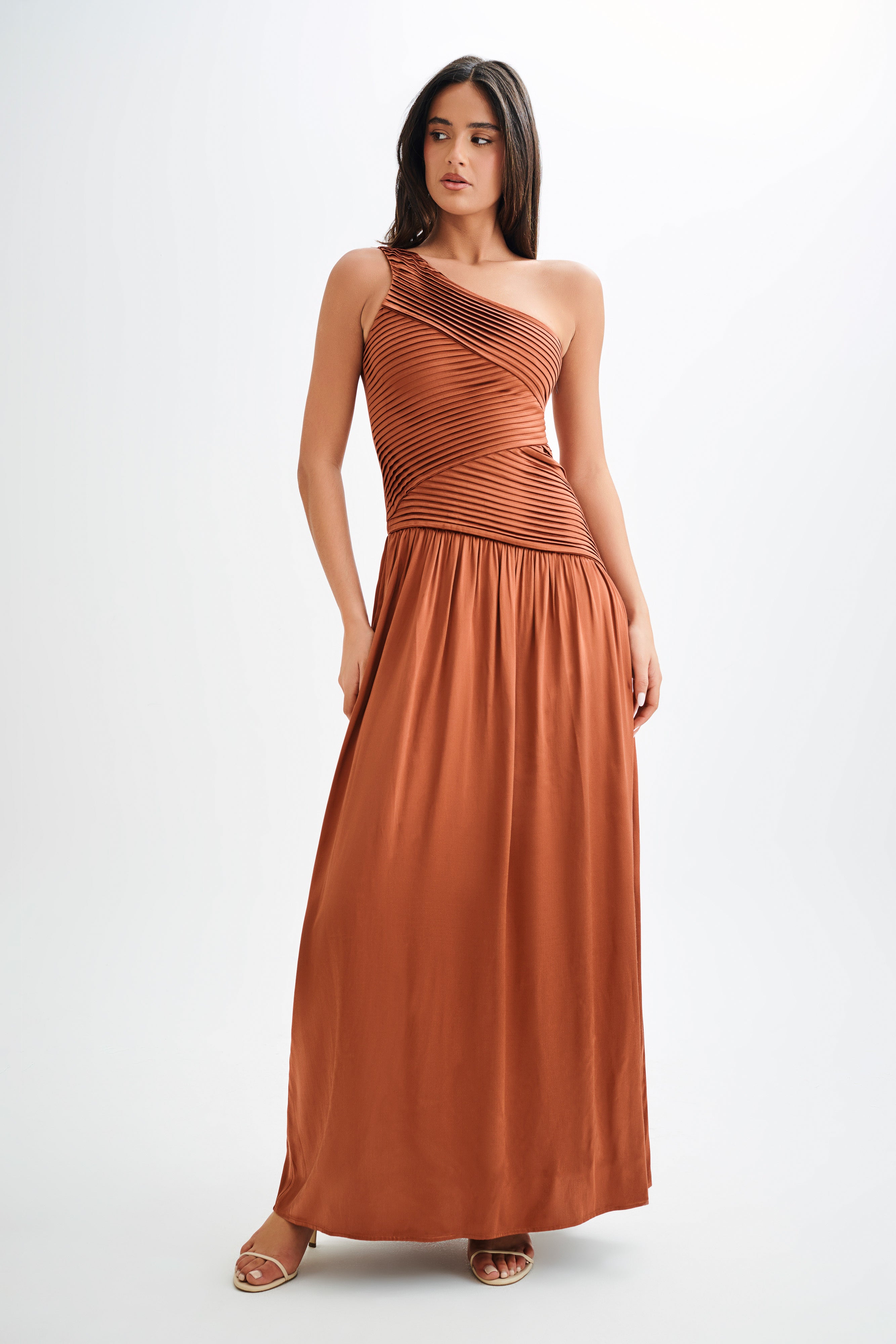 Jenna One Shoulder Pleated Maxi Dress Wood MESHKI