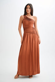 Jenna One Shoulder Pleated Maxi Dress - Wood