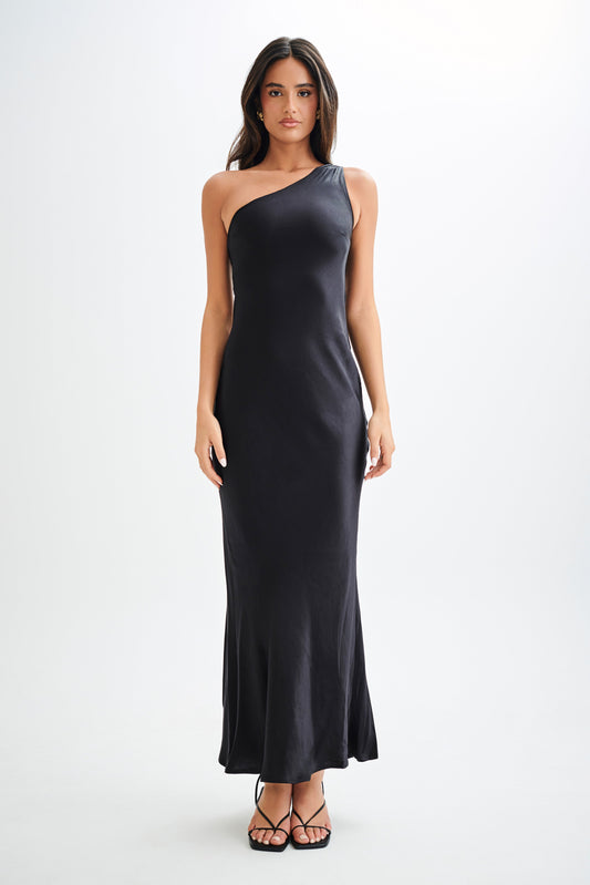 Camille One Shoulder Satin Maxi Dress - Black