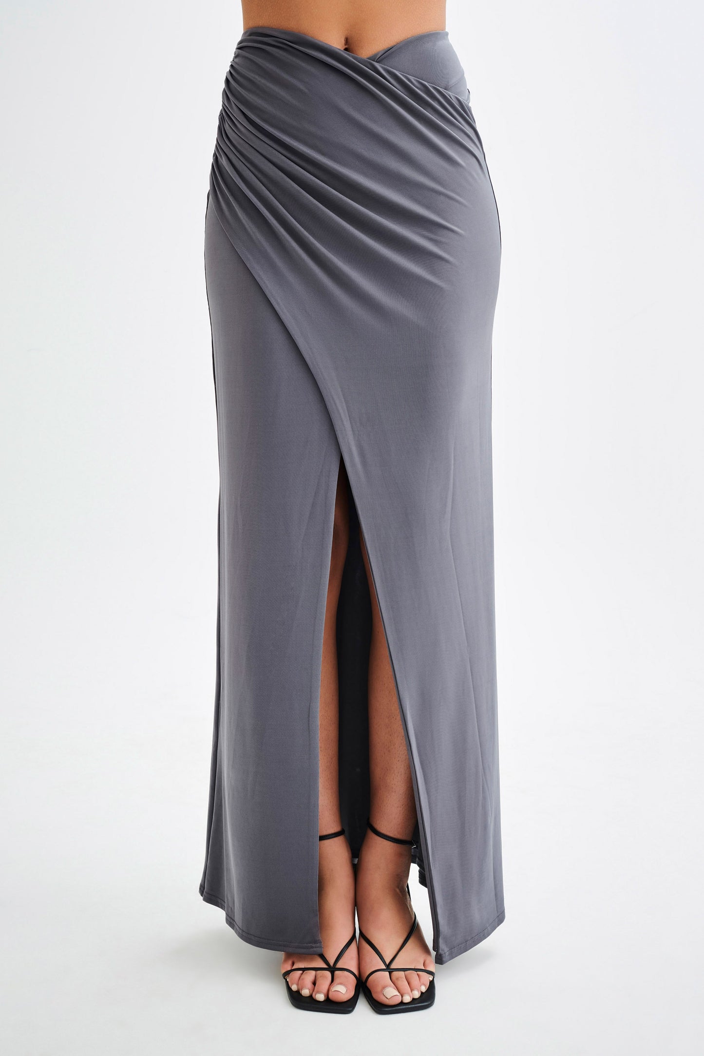 Bronwyn Slinky Ruched Maxi Skirt With Split - Charcoal