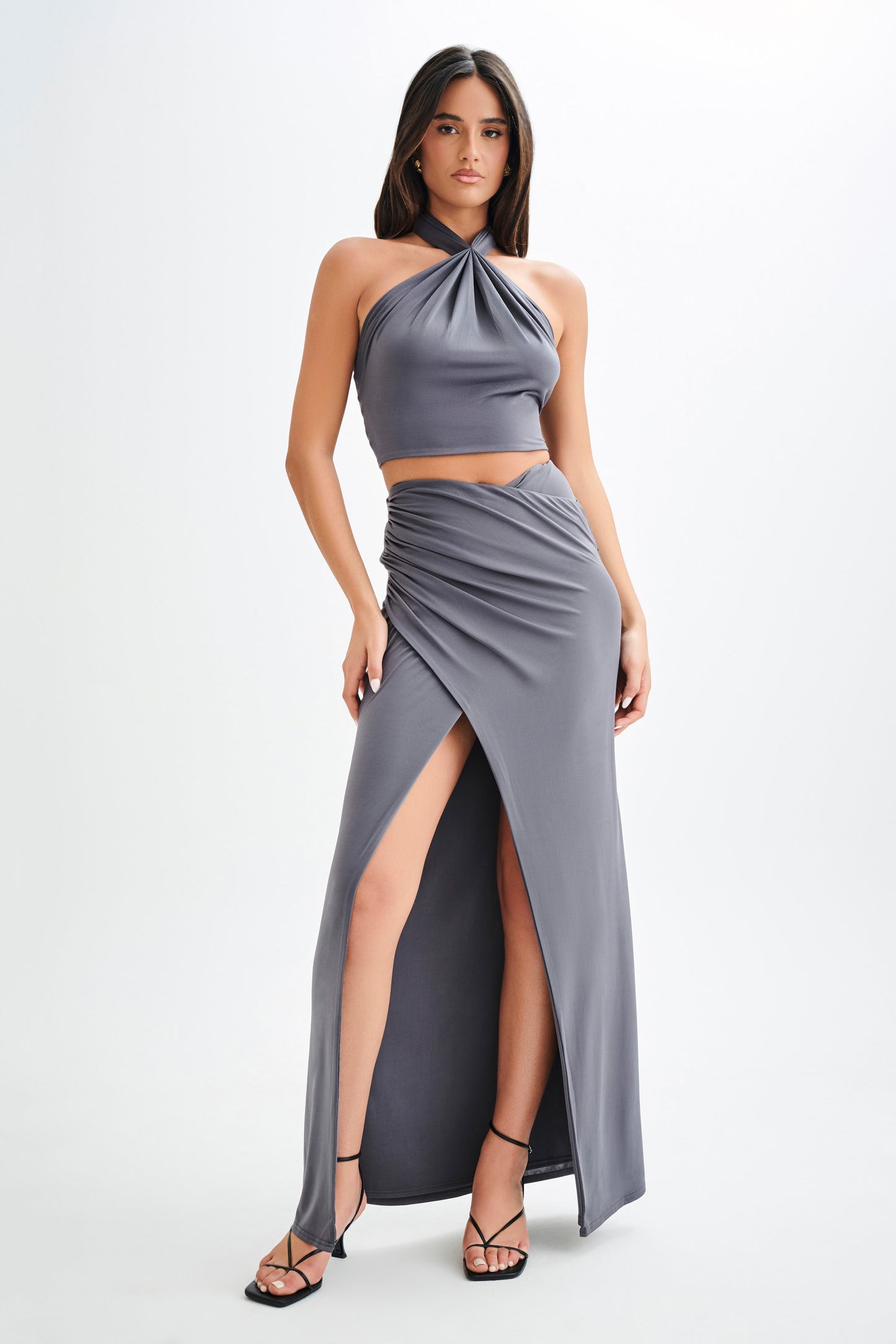 Bronwyn Slinky Ruched Maxi Skirt With Split - Charcoal