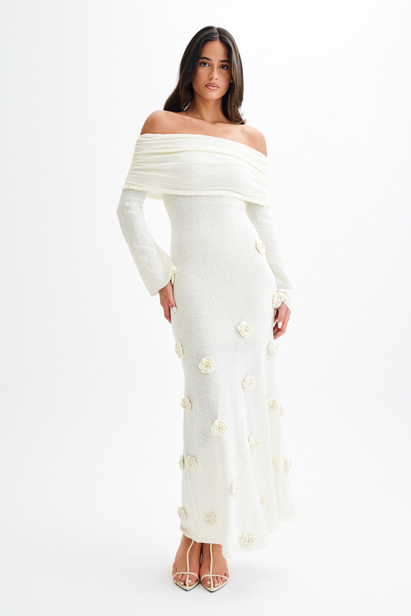 Kiki Off Shoulder Knit Rose Maxi Dress - Ivory