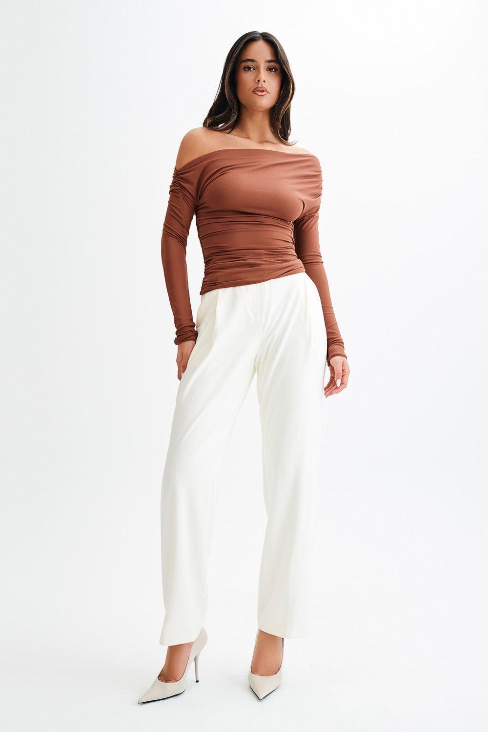 Alayna Long Sleeve Recycled Nylon Ruched Top - Wood