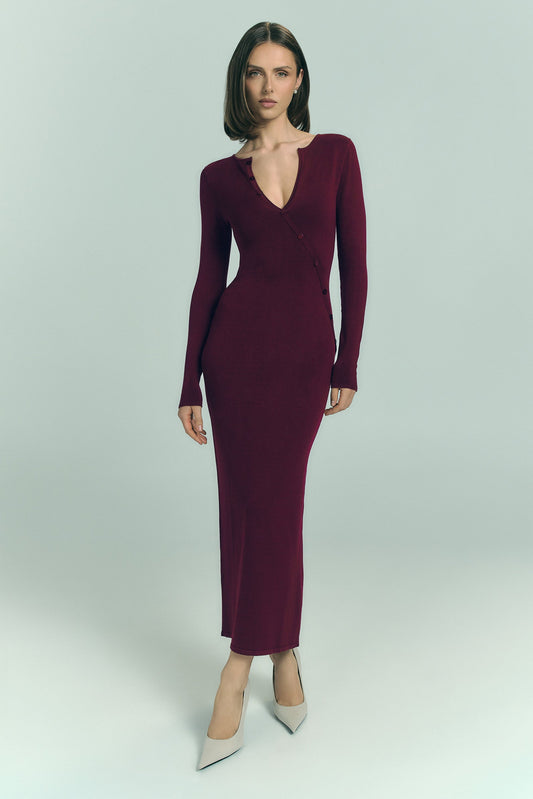 Maria Long Sleeve Buttoned Knit Maxi Dress - Plum