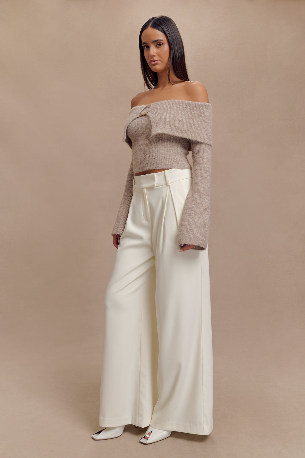 Baxter Off Shoulder Fluffy Knit Top - Taupe