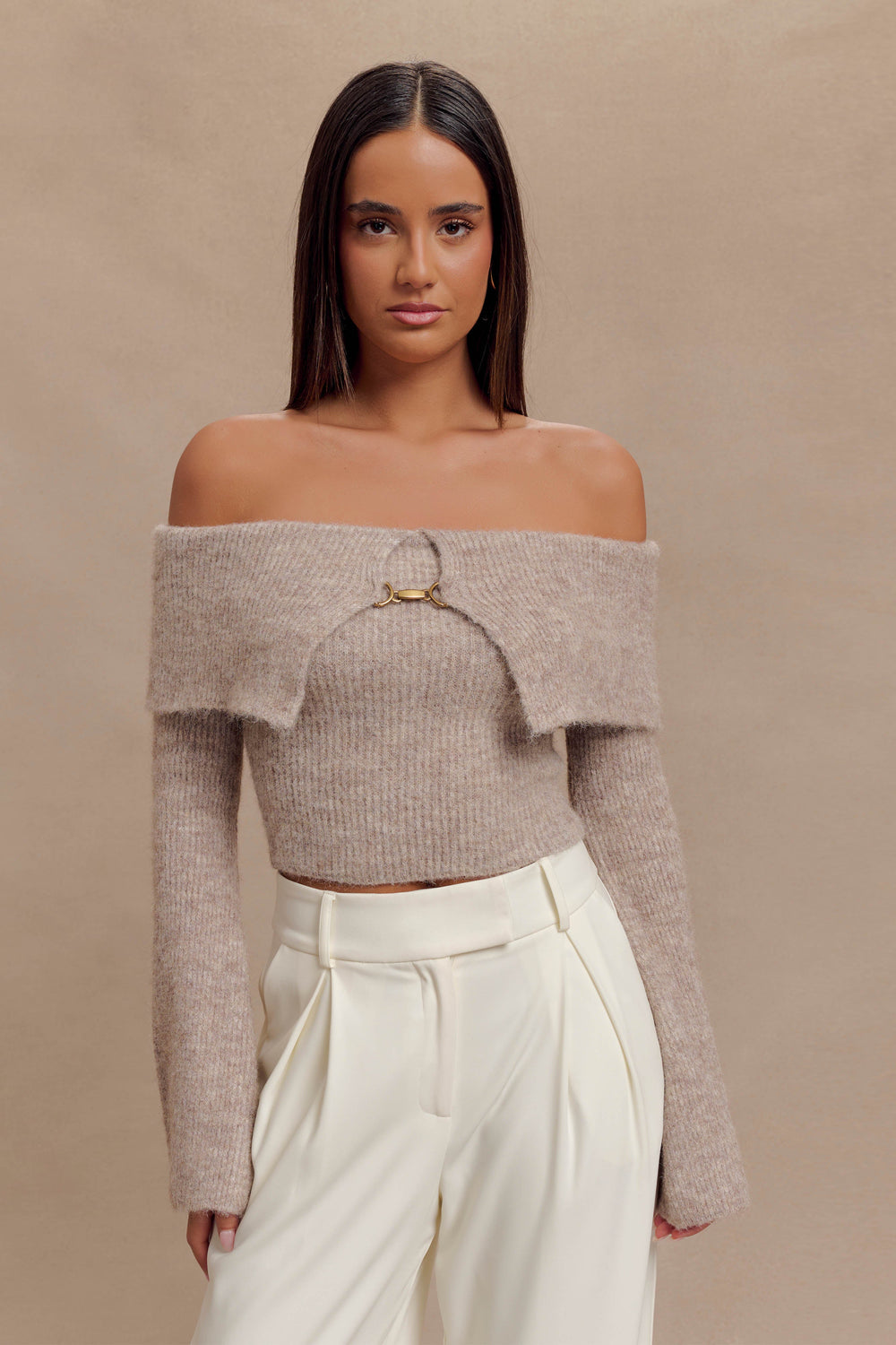 Baxter Off Shoulder Fluffy Knit Top - Taupe