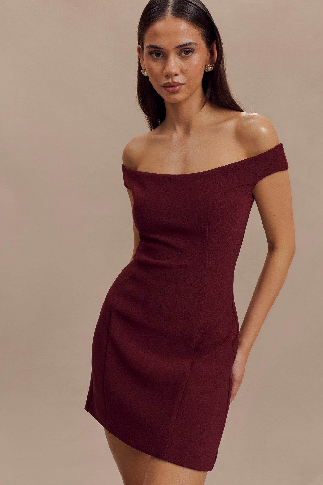 Cassidy Crepe Off Shoulder Mini Dress - Merlot