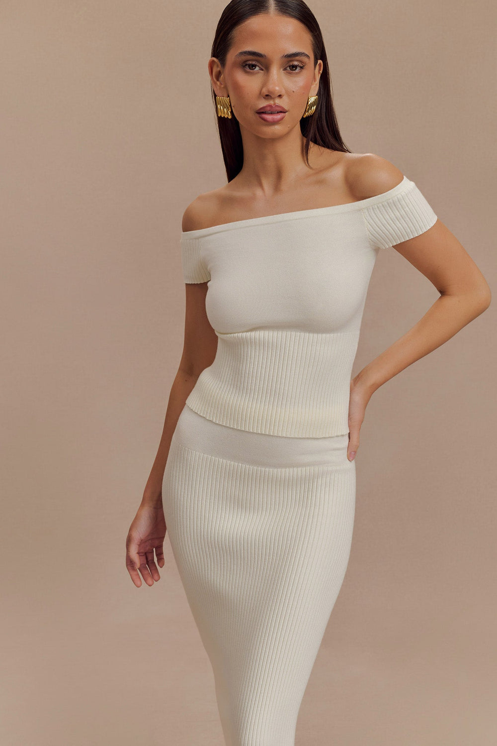 Mathilde Ribbed Knit Off Shoulder Top - Ivory