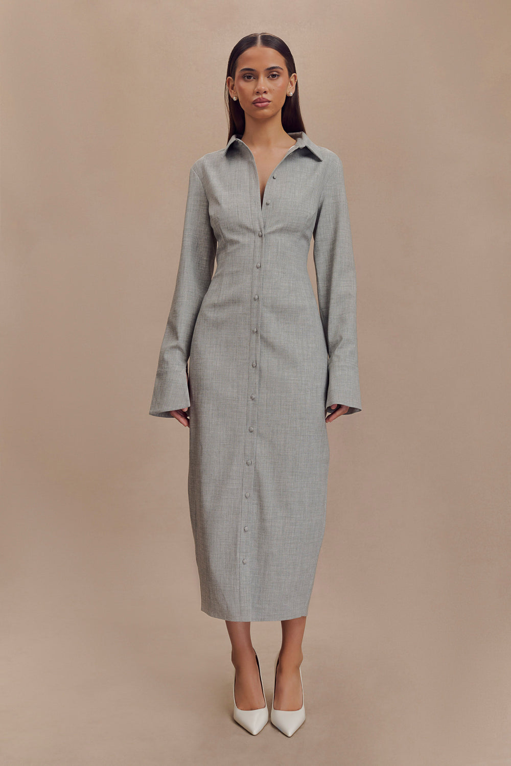 Dorian Fitted Shirt Midi Dress - Charcoal Marle