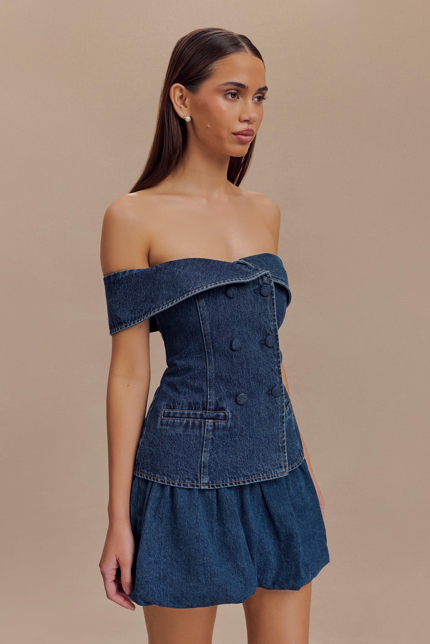 Krista Denim Off Shoulder Top - Dark Blue