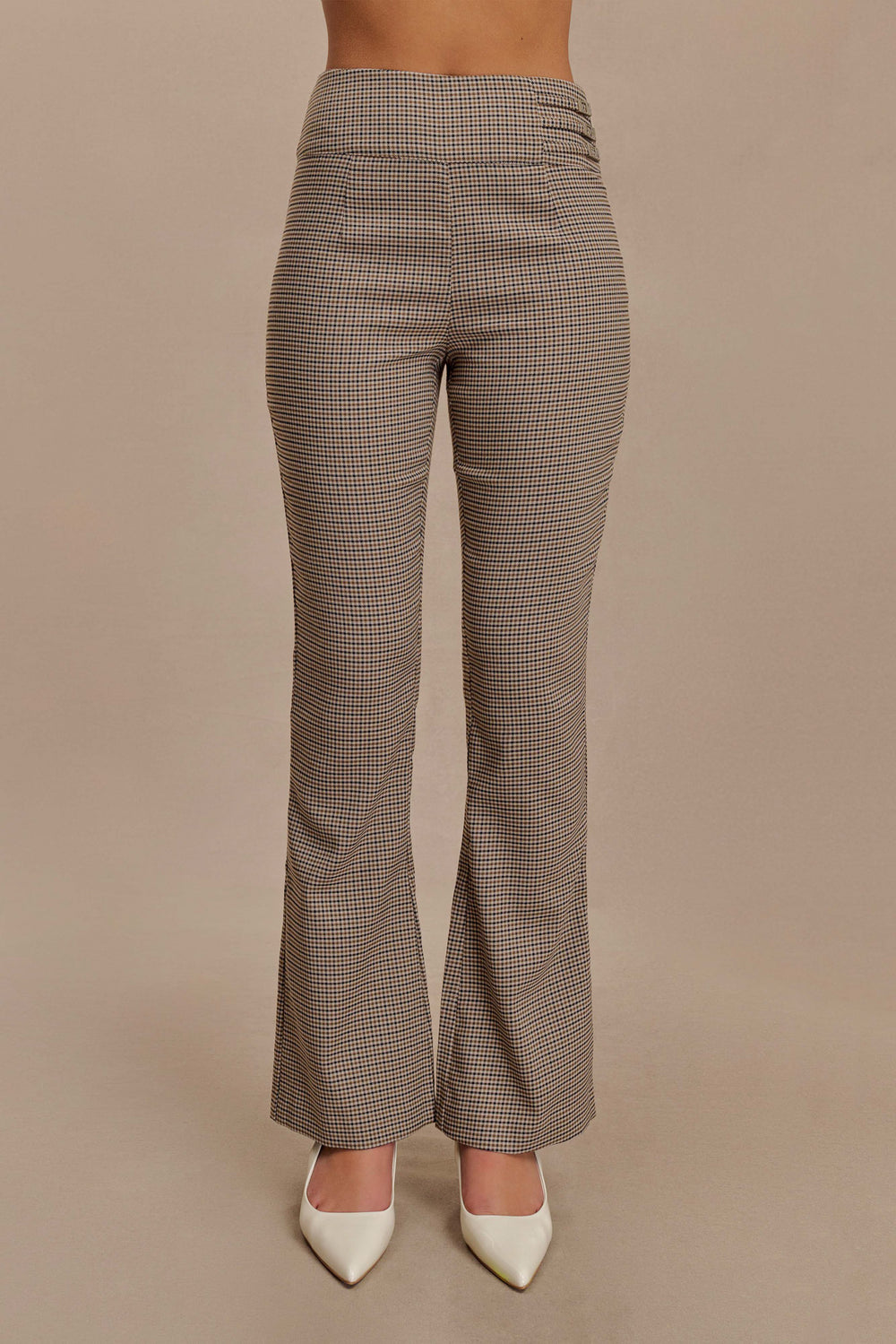 Sweeney Mid Rise Buckle Straight Leg Pant - Tan Check