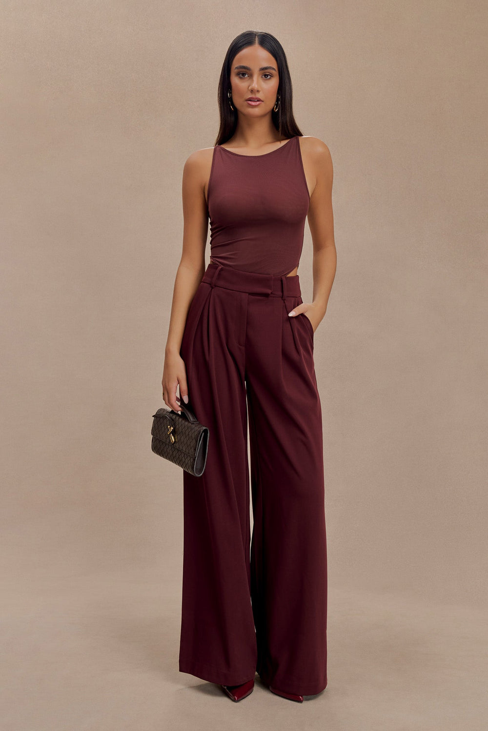 Jacqueline Pleated Wide Leg Pants - Mahogany