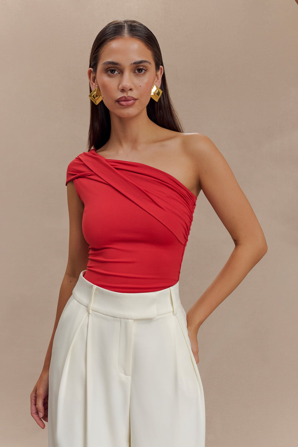 Solene One Shoulder Recycled Nylon Twist Top - Ruby