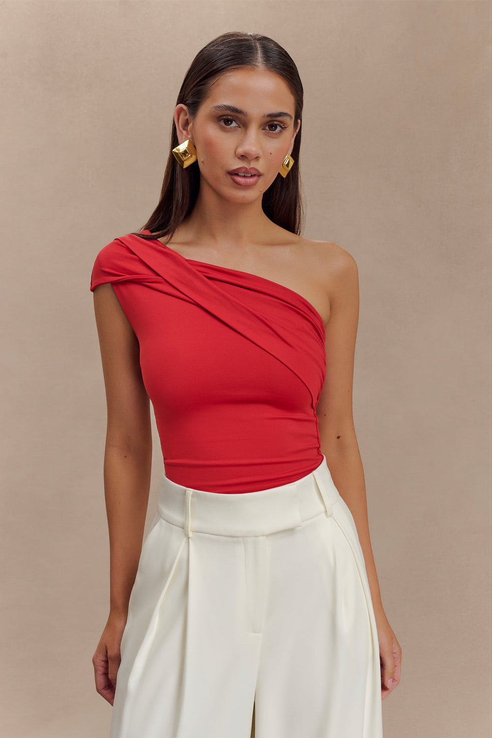 Solene One Shoulder Recycled Nylon Twist Top - Ruby