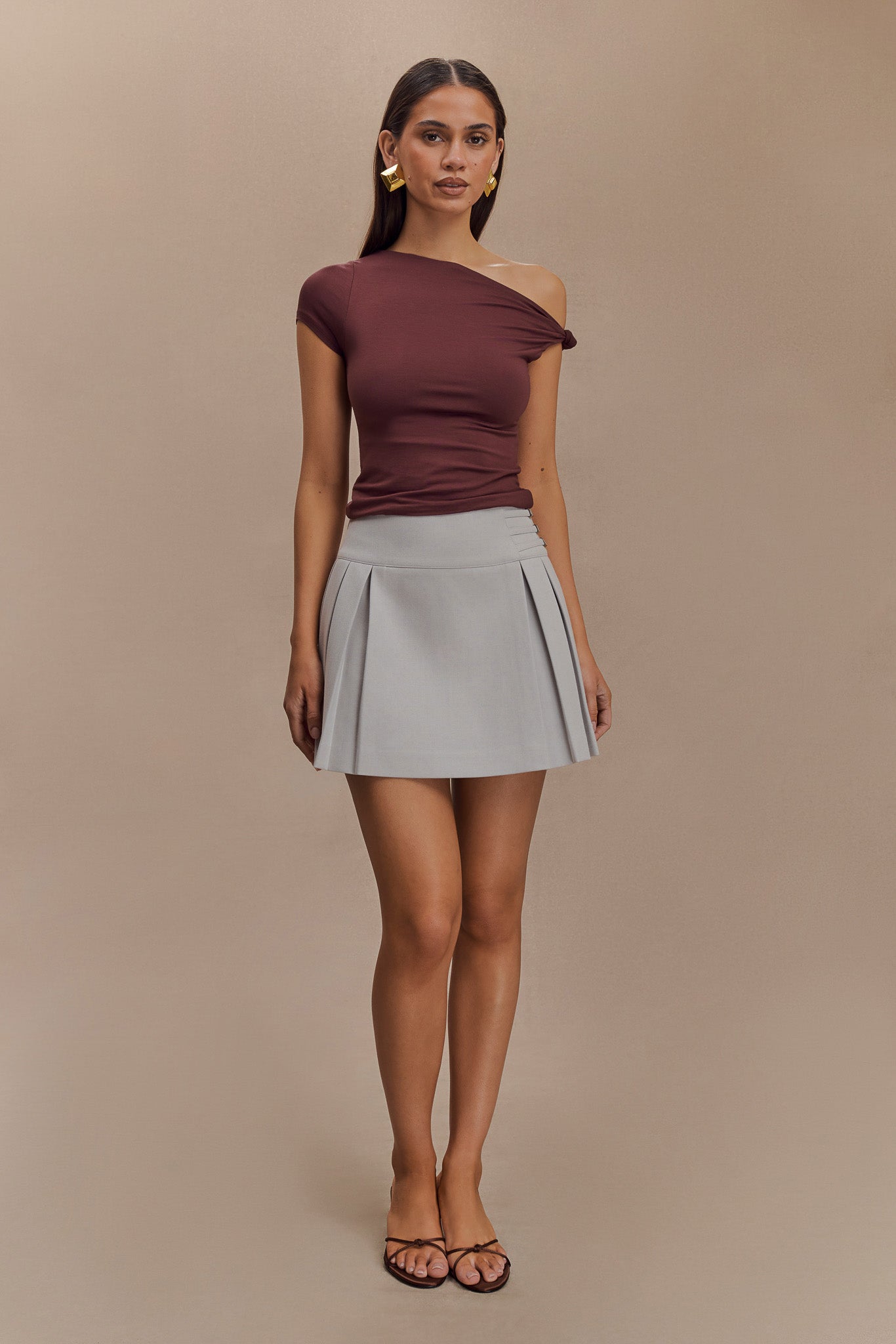 Betty Short Sleeve Modal Top With Knot Shoulder - Mahogany