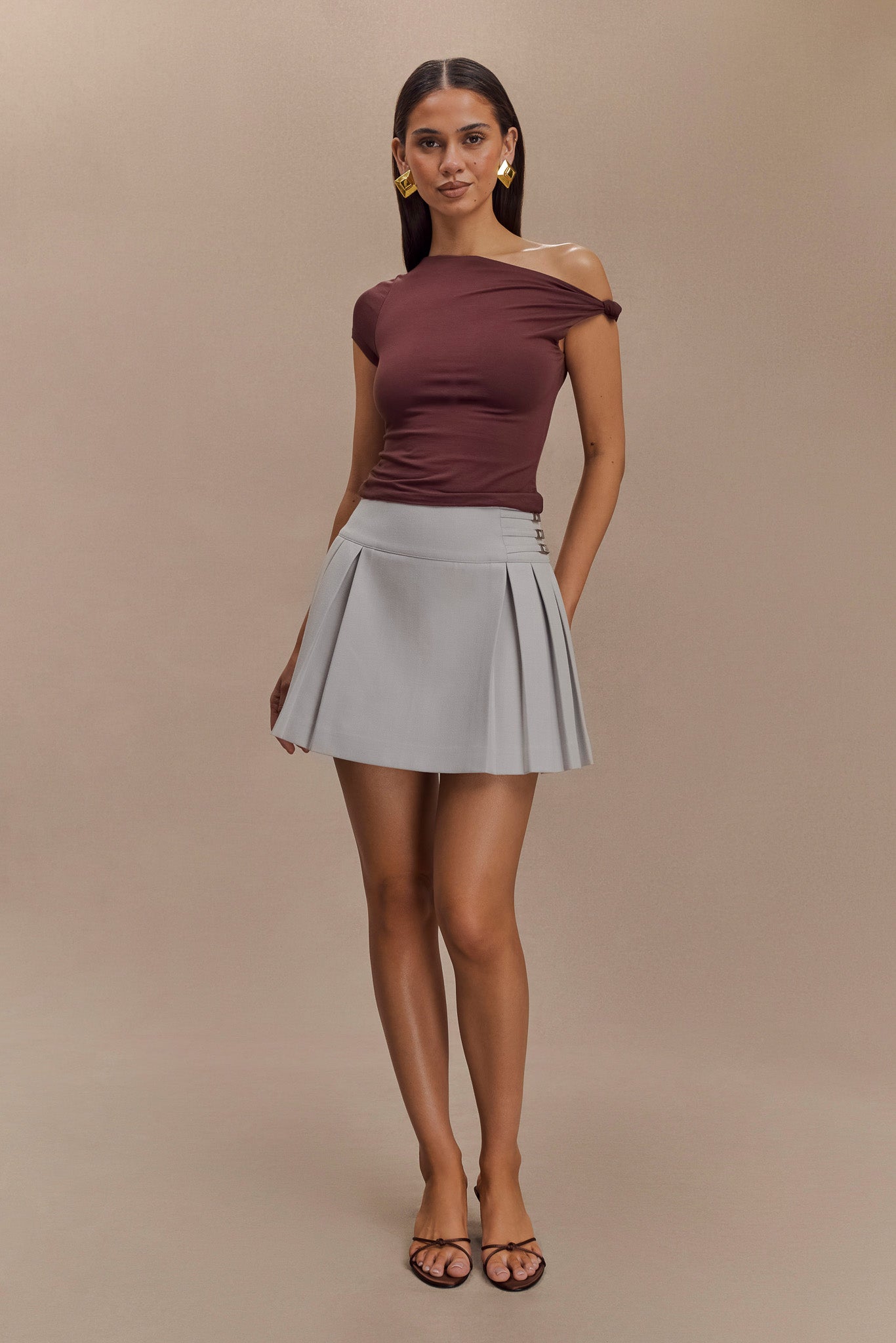 Betty Short Sleeve Modal Top With Knot Shoulder - Mahogany