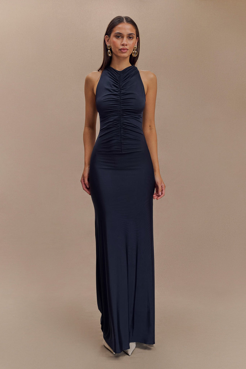 Priya Slinky Ruched Halter Maxi Dress - Navy