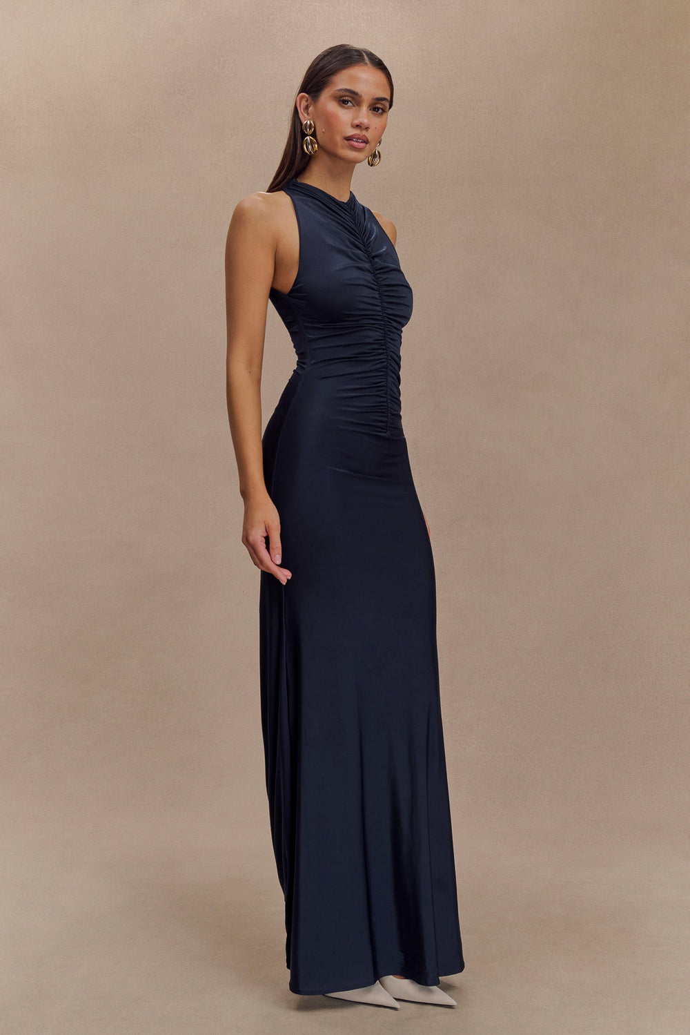 Priya Slinky Ruched Halter Maxi Dress - Navy