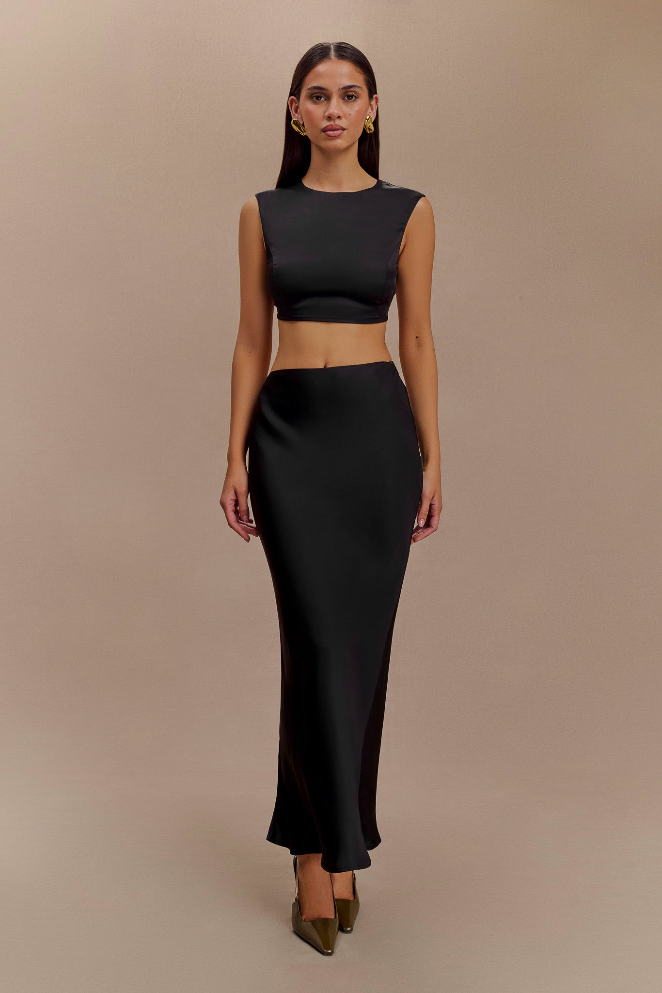 Viviana Satin Sleeveless Crop Top - Black