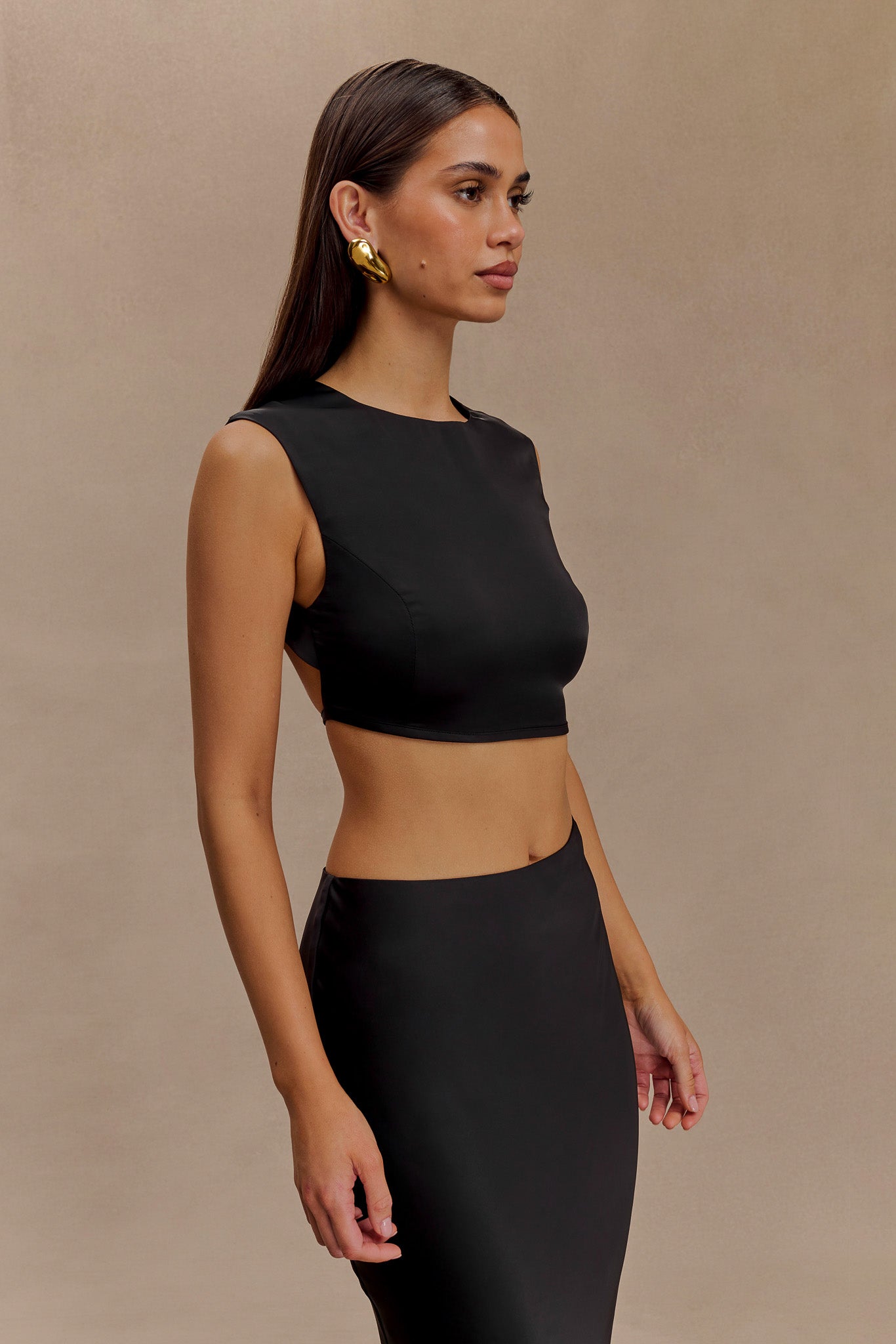 Viviana Satin Sleeveless Crop Top - Black