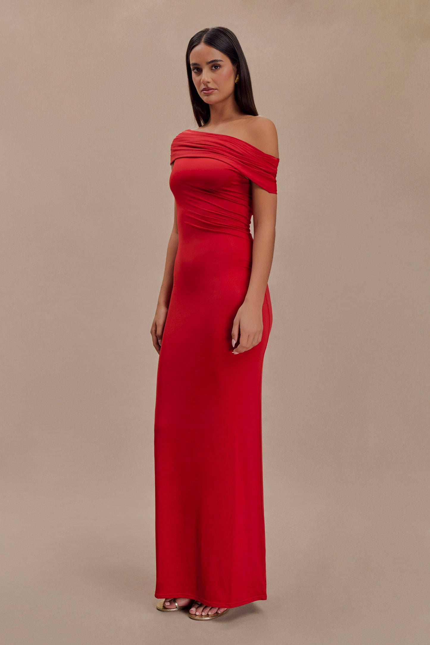 Cassandra Off Shoulder Slinky Maxi Dress - Red