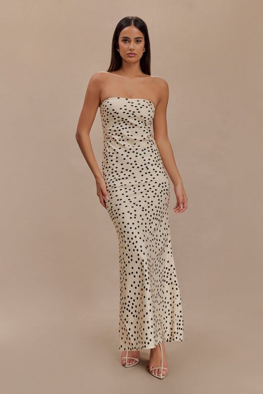 Claudette Strapless Satin Maxi Dress - Polka Dot Print