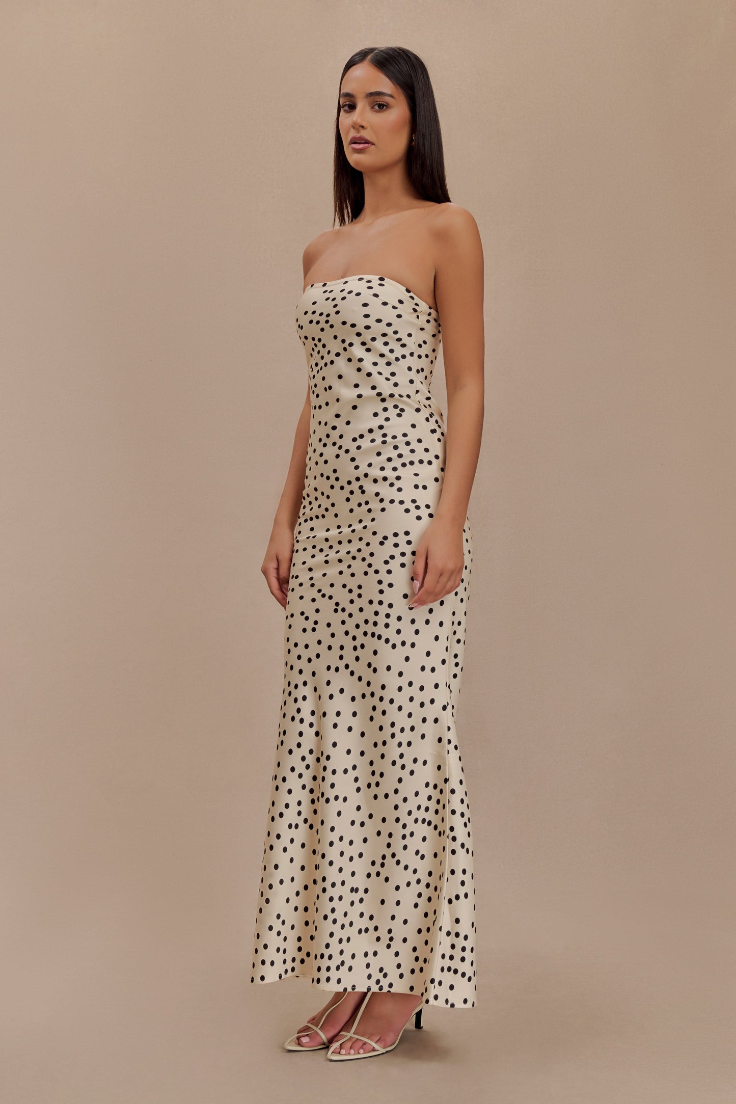 Claudette Strapless Satin Maxi Dress - Polka Dot Print