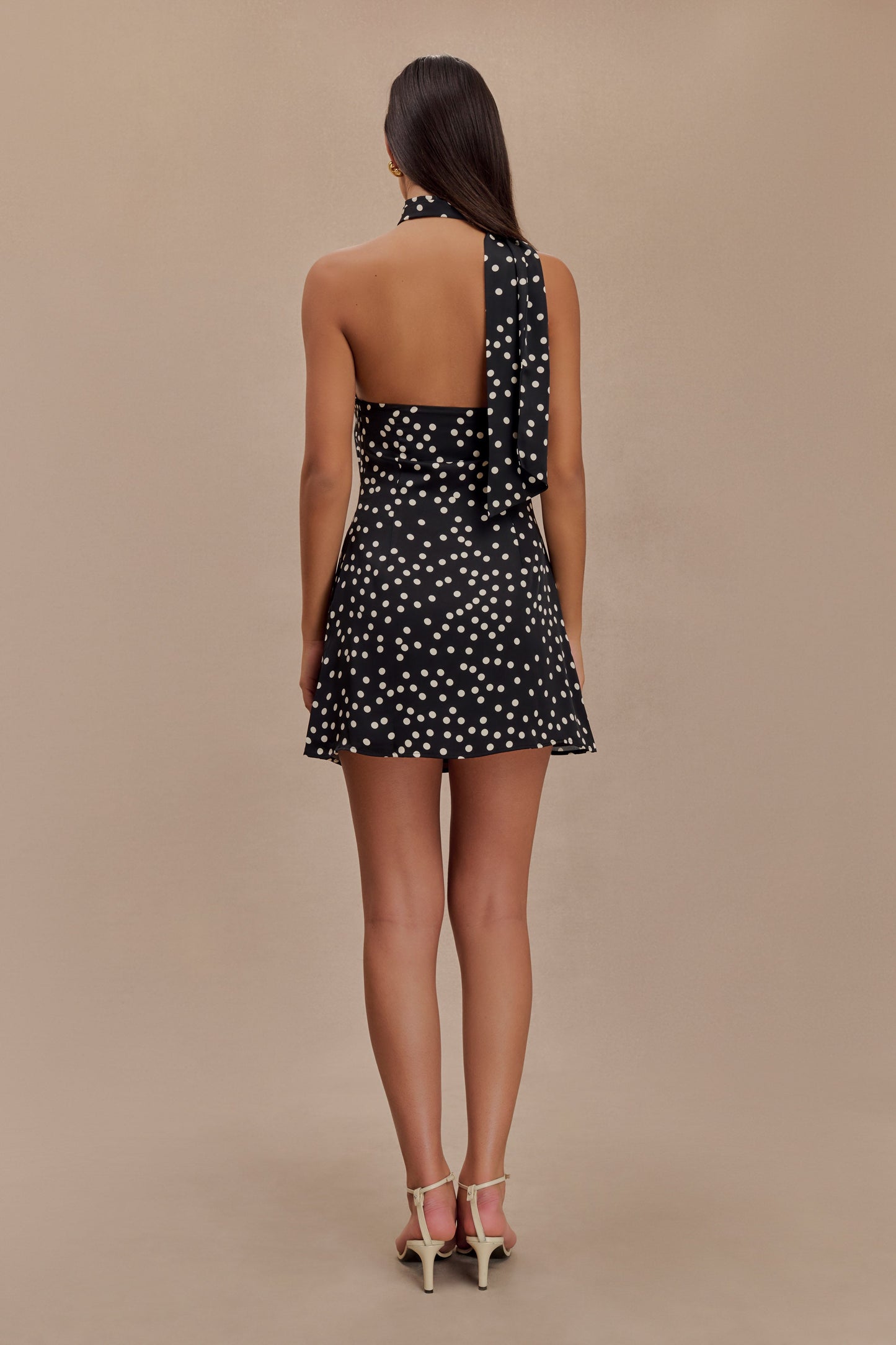 Joan Satin Asymmetrical Mini Dress - Black Polka Dot Print