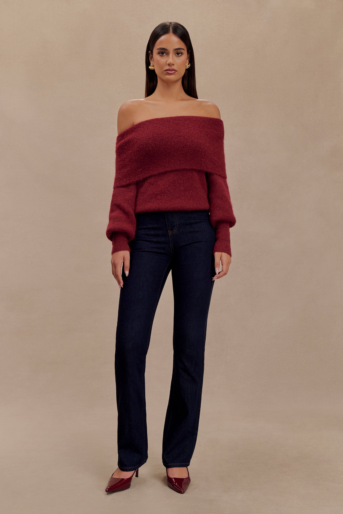 Charlotte Off Shoulder Knit Long Sleeve Top - Merlot