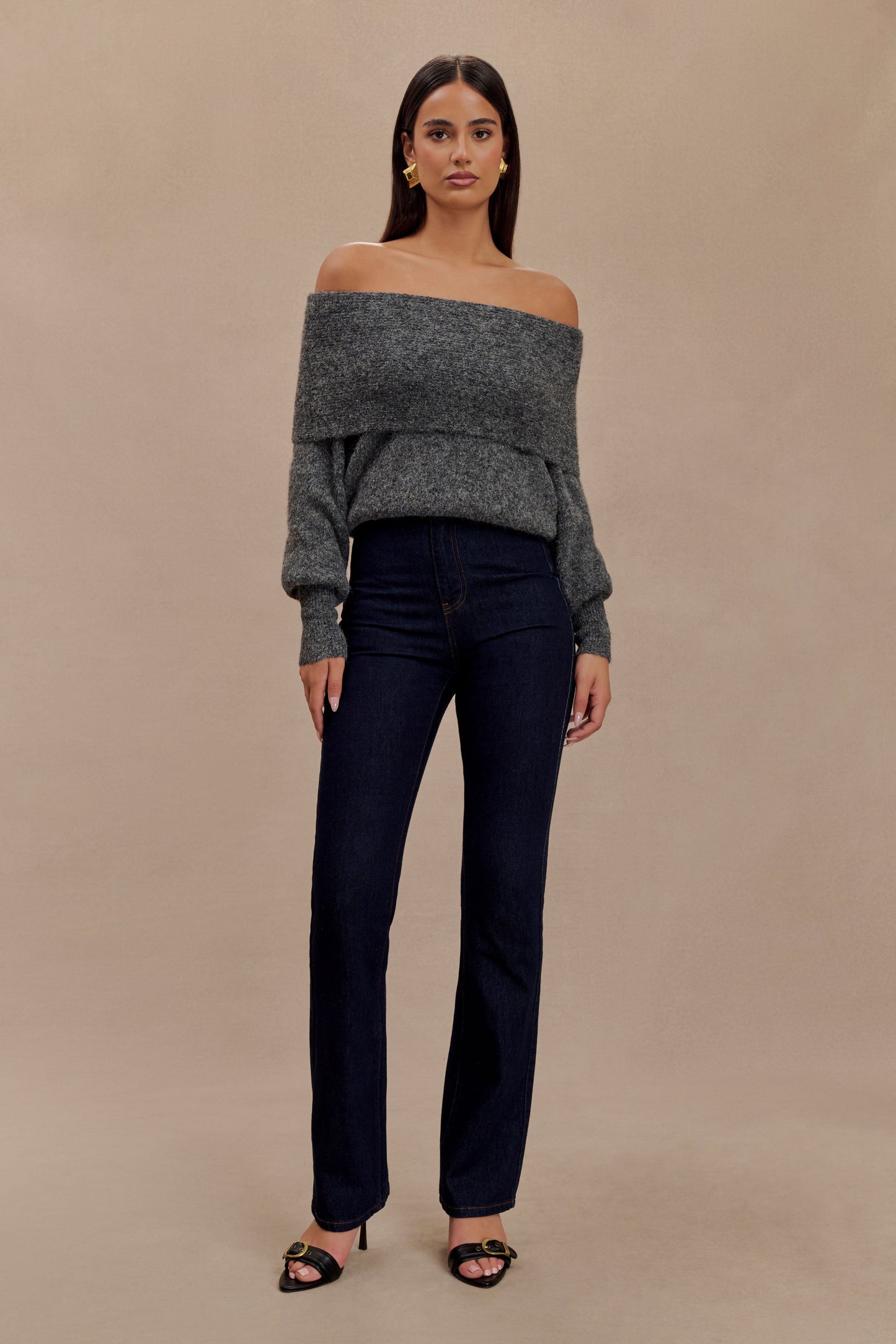 Charlotte Off Shoulder Knit Long Sleeve Top - Charcoal Marle