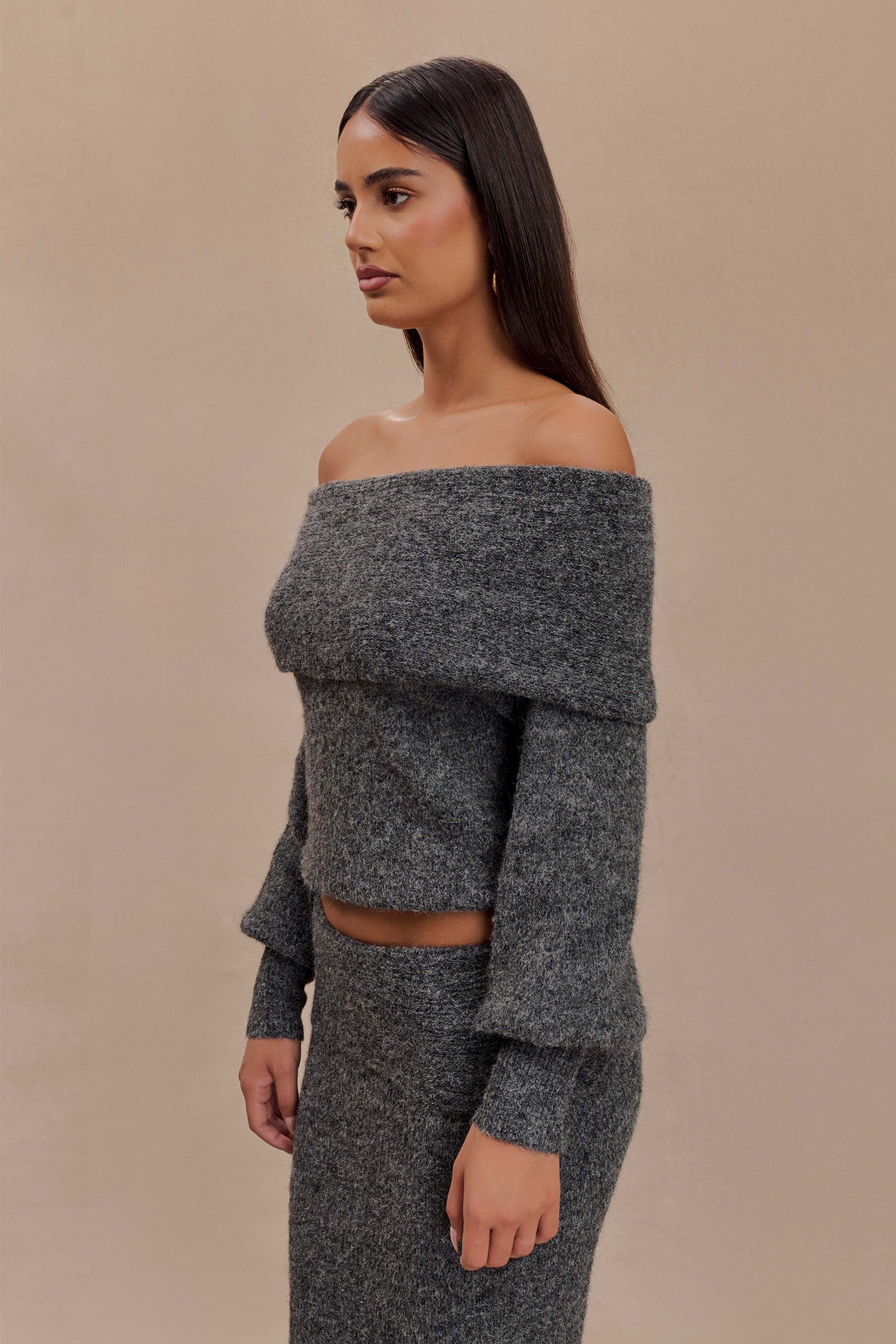 Charlotte Off Shoulder Knit Long Sleeve Top - Charcoal Marle