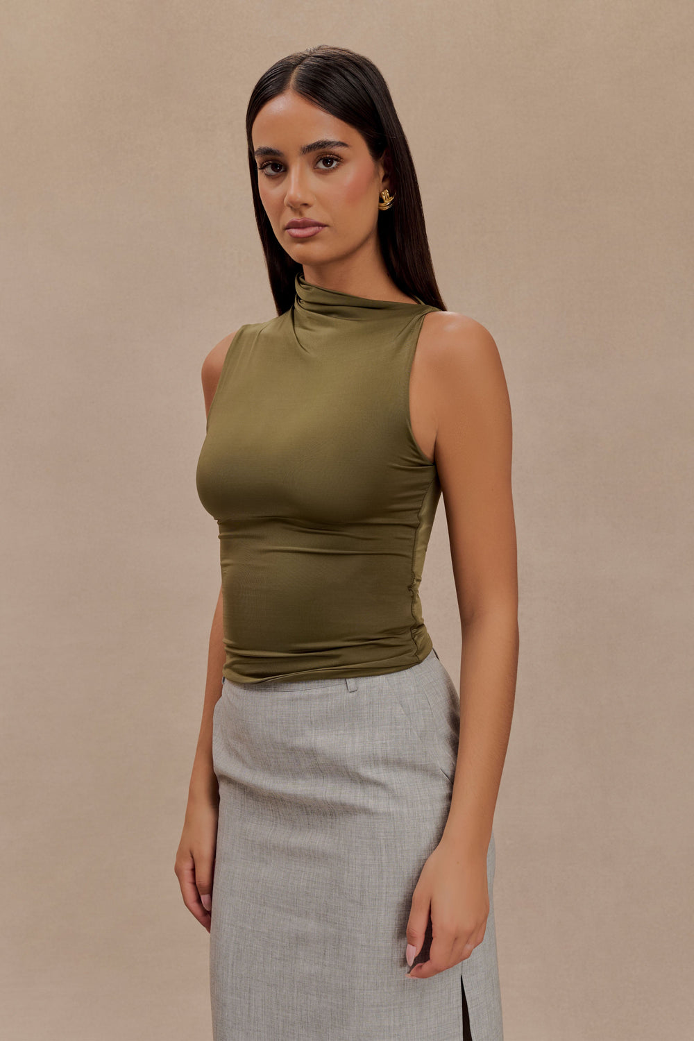 Hadleigh Sleeveless Slinky Top - Dark Olive