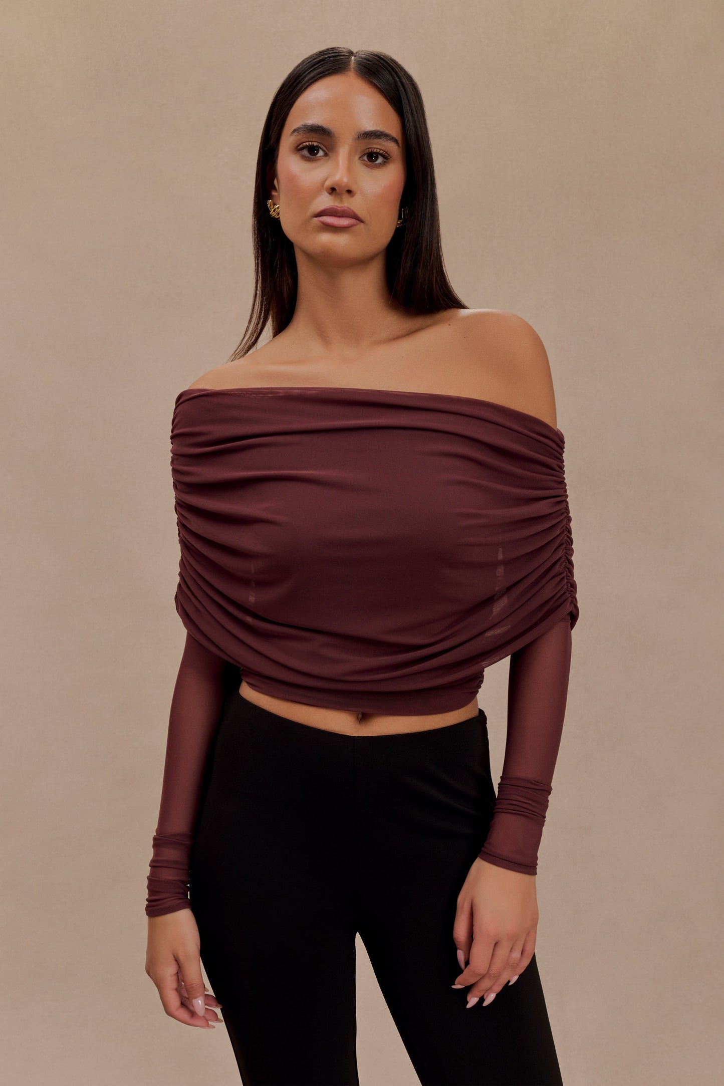 Everly Sheer Mesh Off Shoulder Top - Mahogany