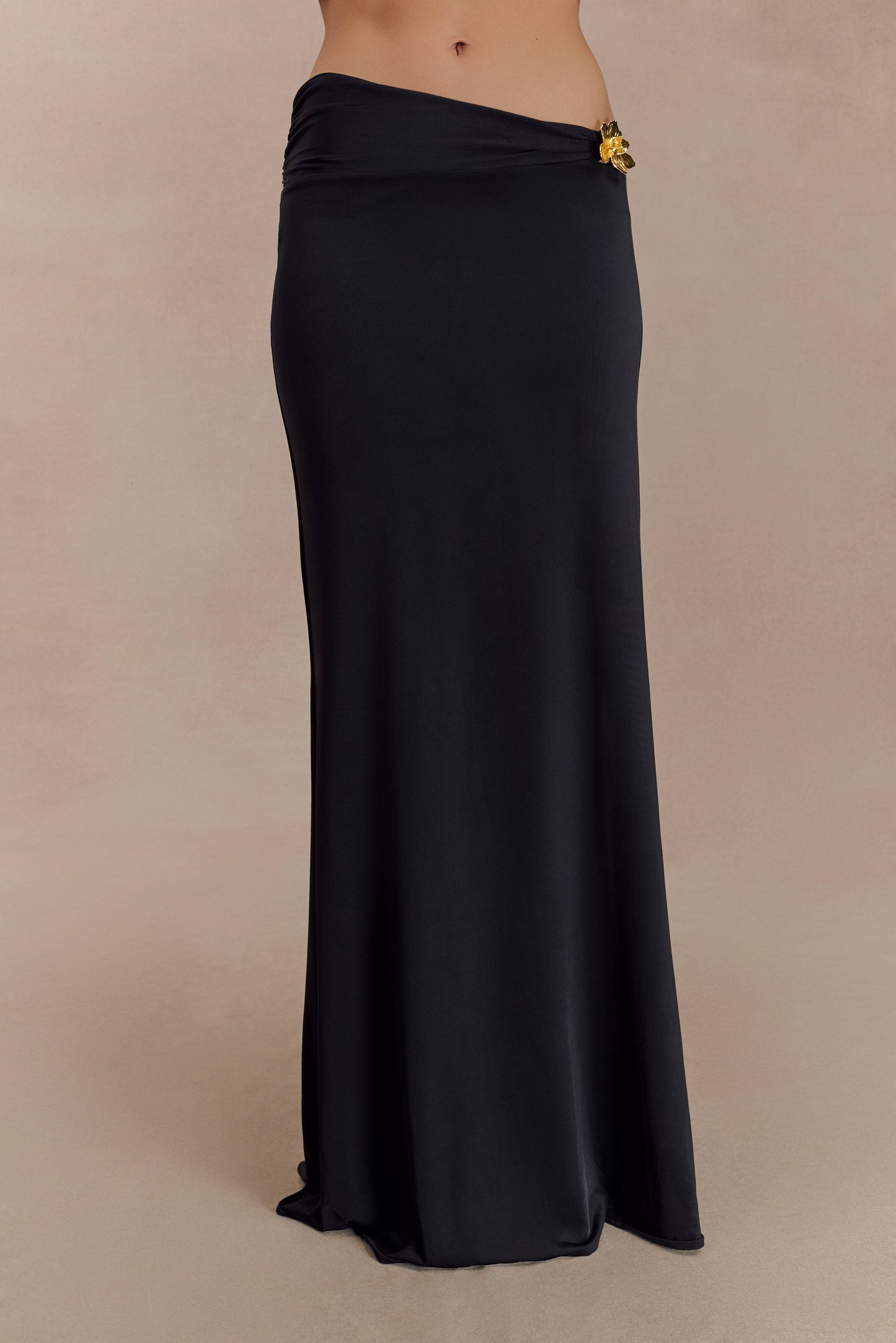 Ainsley Asymmetrical Maxi Skirt With Floral Hardware - Black