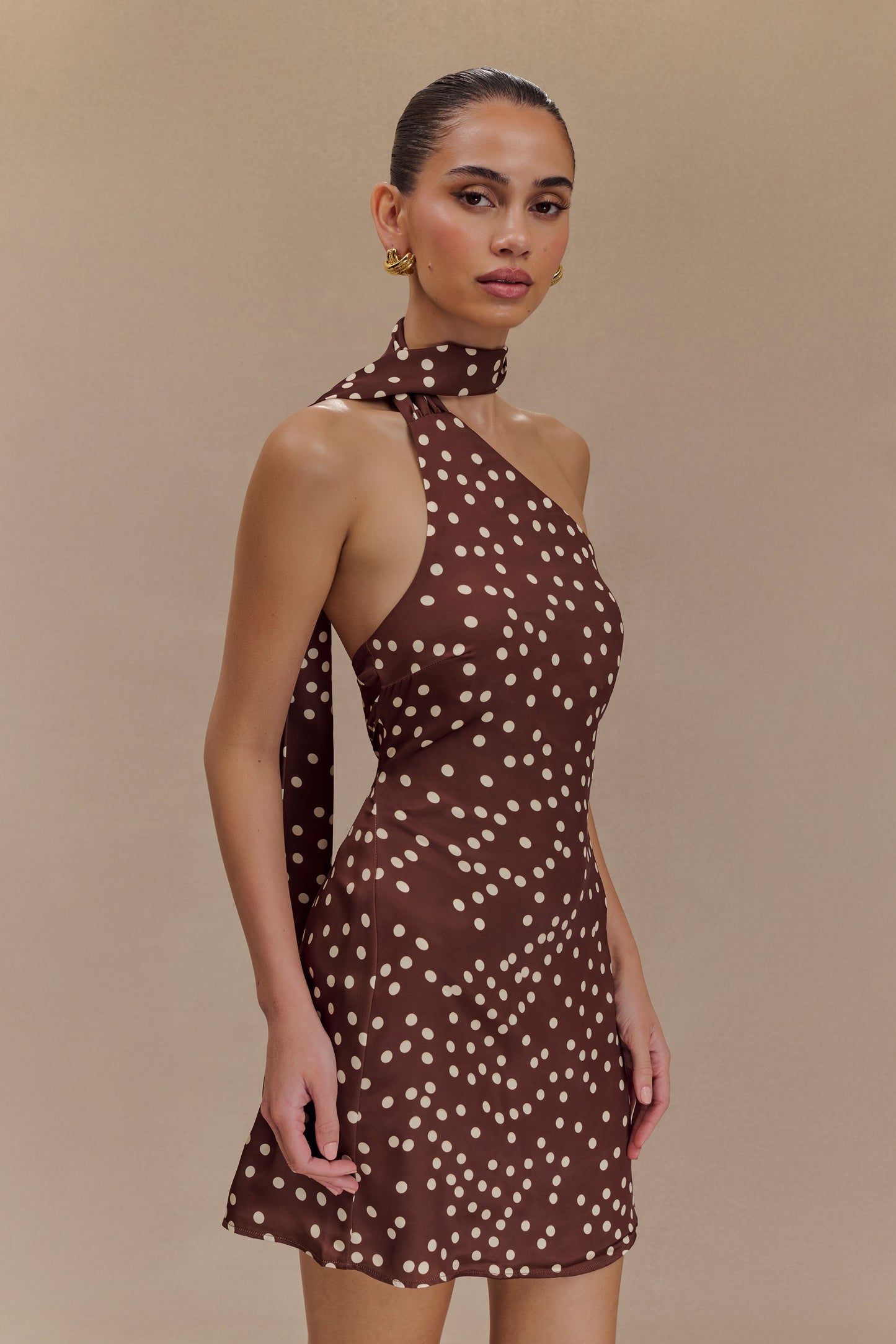 Joan Satin Asymmetrical Mini Dress - Brown Polka Dot Print