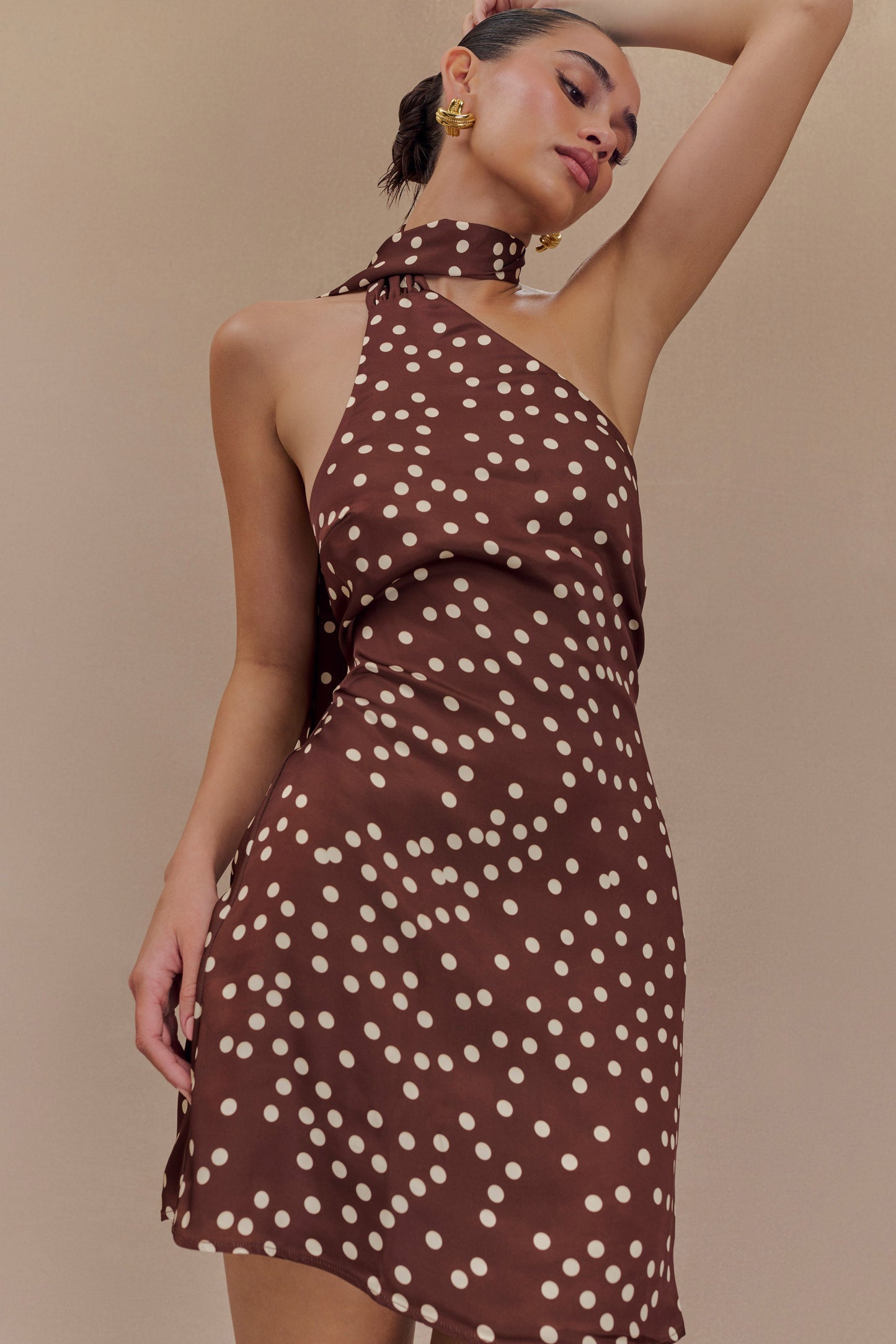 Joan Satin Asymmetrical Mini Dress - Brown Polka Dot Print