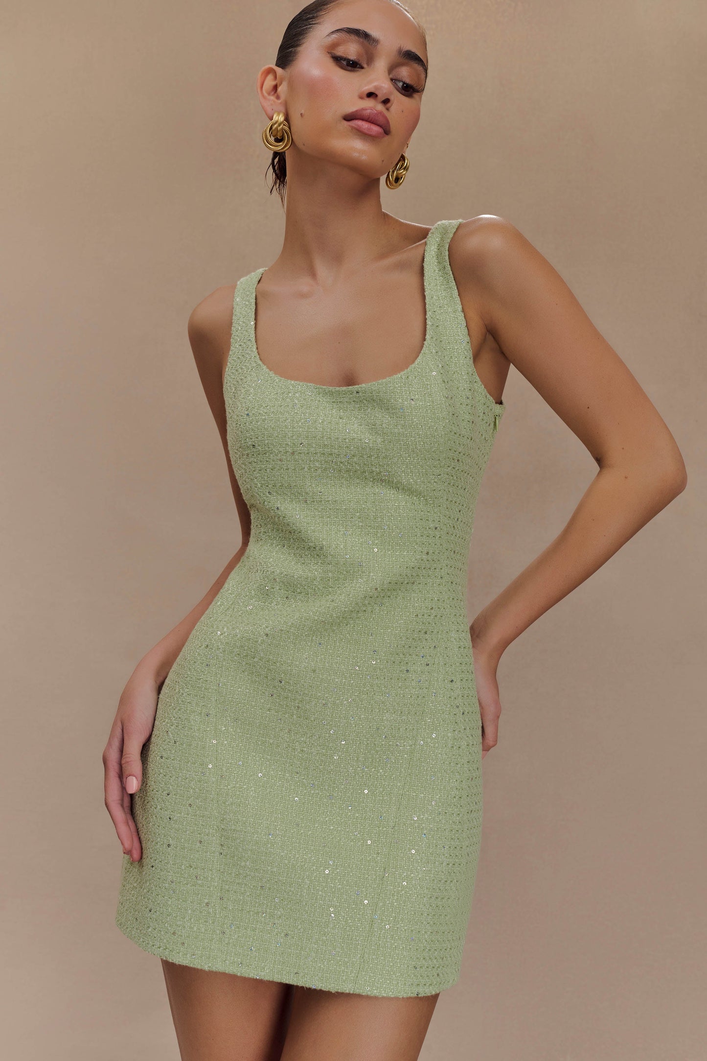 Beth Tweed Mini Dress - Pastel Green