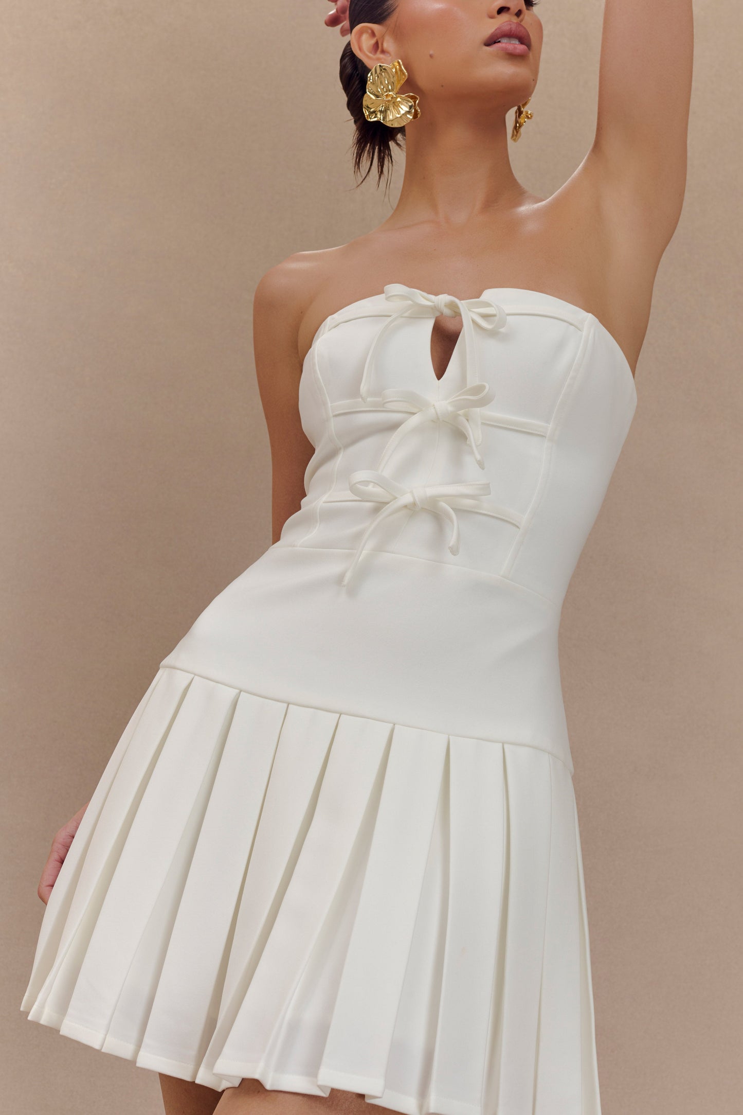 Naya Pleated Mini Dress With Ties - White